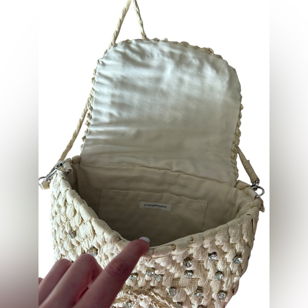 Anthropologie Embellished Straw Woven Crossbody Bag in Cream & Silver Studs - Picture 6 of 6